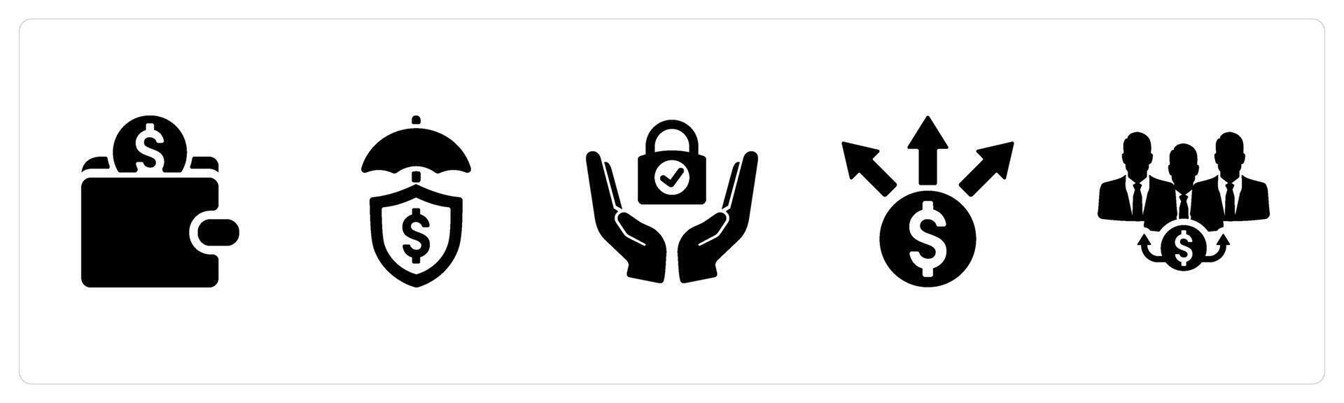 A set of 5 Insurance icons as savings, financial protection, secure in black filled color vector