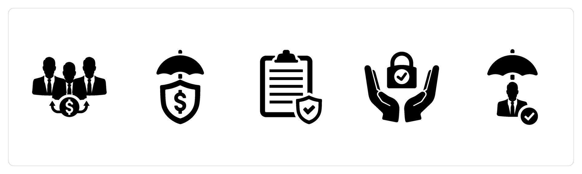 A set of 5 Insurance icons as beneficiary, financial protection, policy in black filled color vector