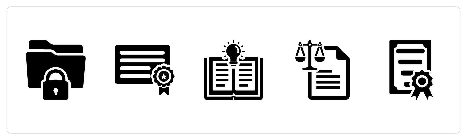 A set of 5 Intellectual Property icons as trade secrets, patent, novel invention in black filled color vector