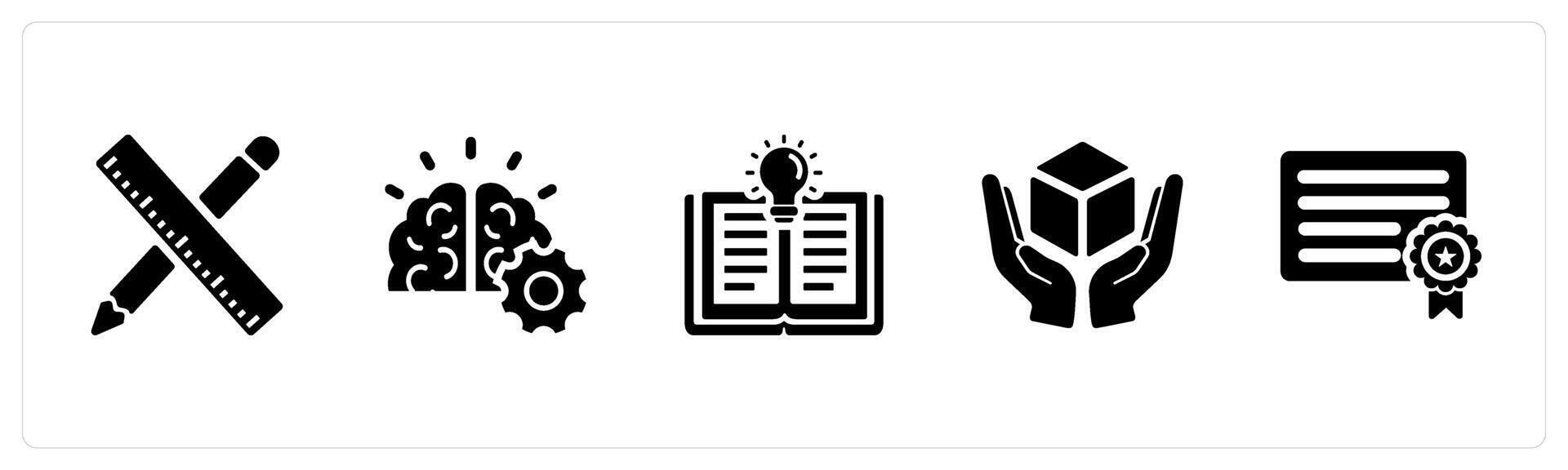 A set of 5 Intellectual Property icons as designs, creative mind, novel invention in black filled color vector