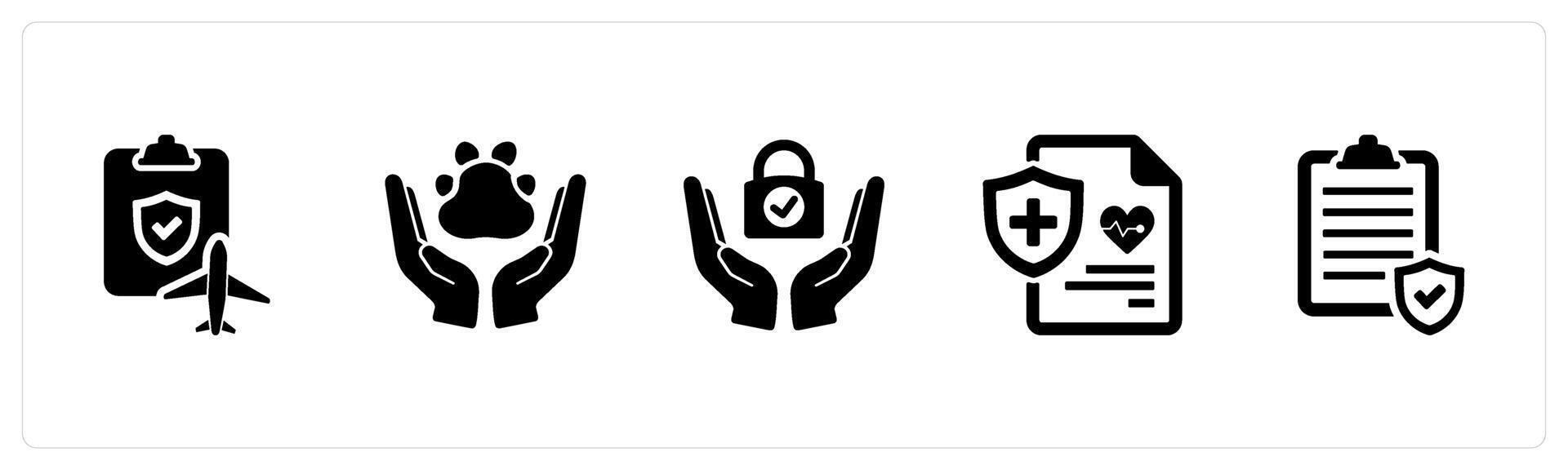 A set of 5 Insurance icons as travel care, pet care, secure in black filled color vector