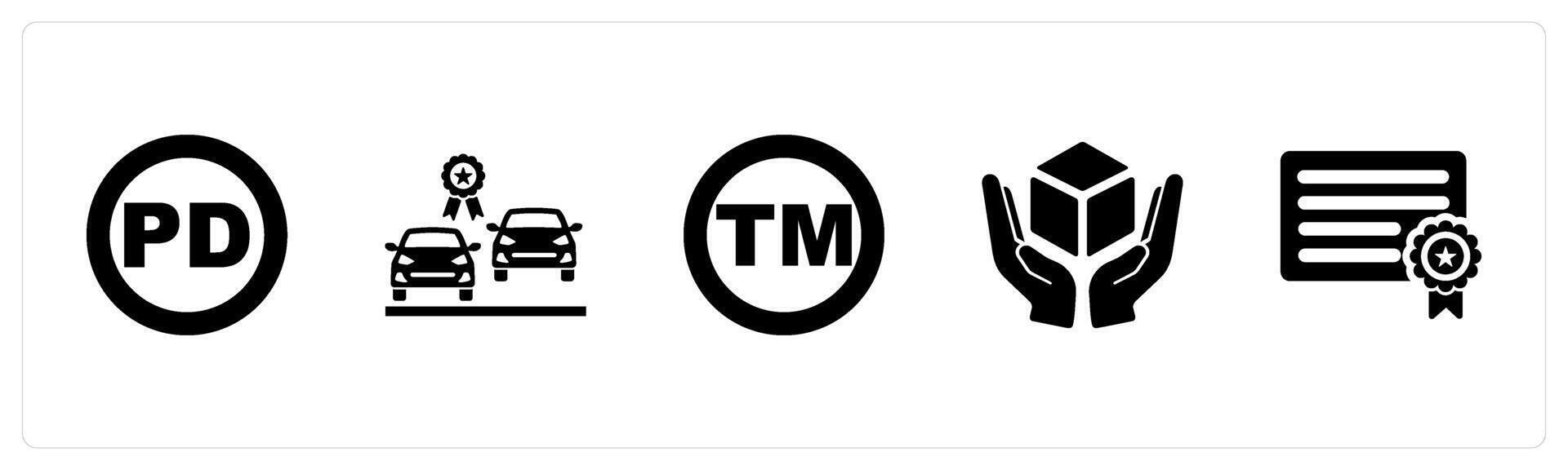 A set of 5 Intellectual Property icons as public domain, patent race, trademark in black filled color vector