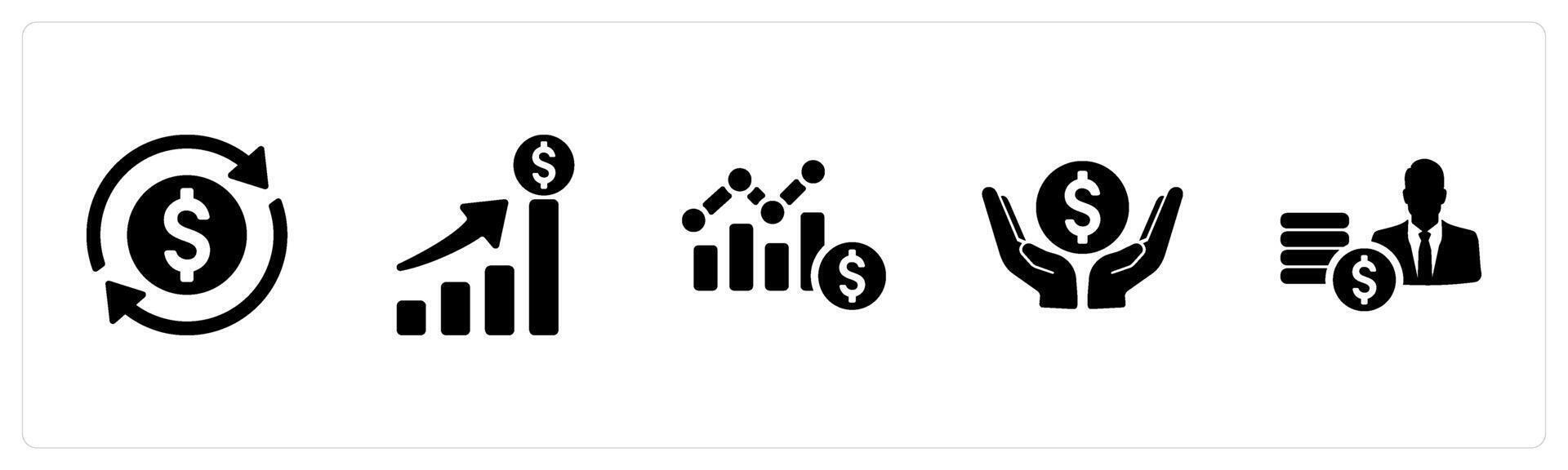 A set of 5 Investment icons as cashflow, yield, stock in black filled color vector