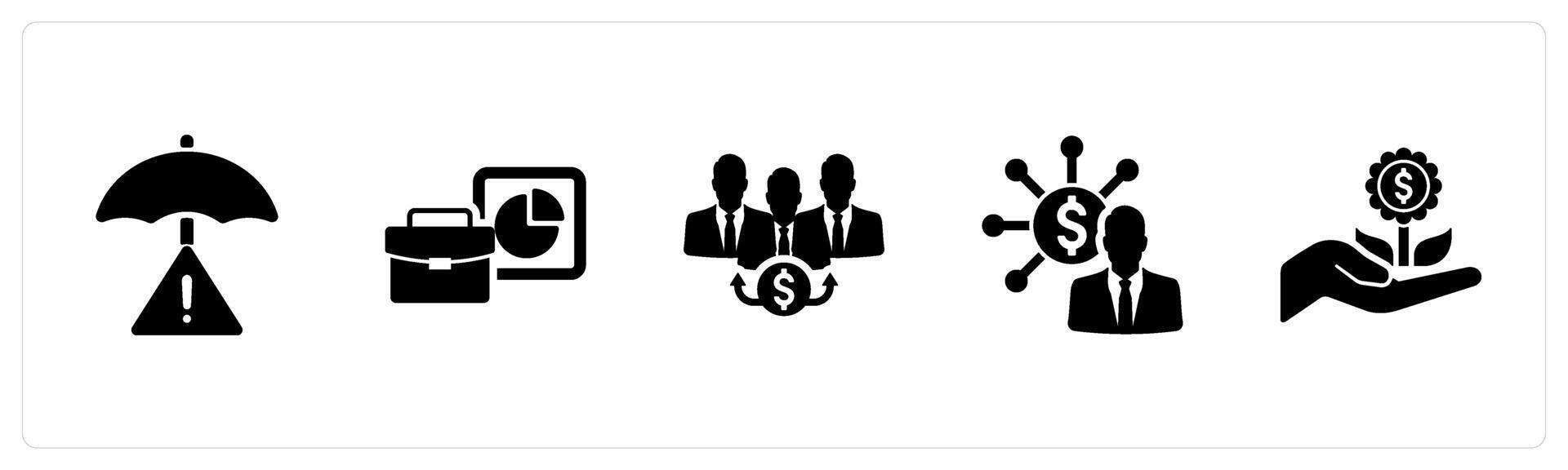 A set of 5 Investment icons as risk management, portfolio, dividend in black filled color vector