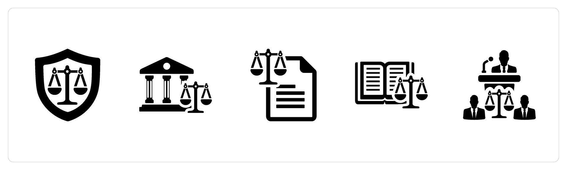 A set of 5 Justice icons as justice, court, law in black filled color vector