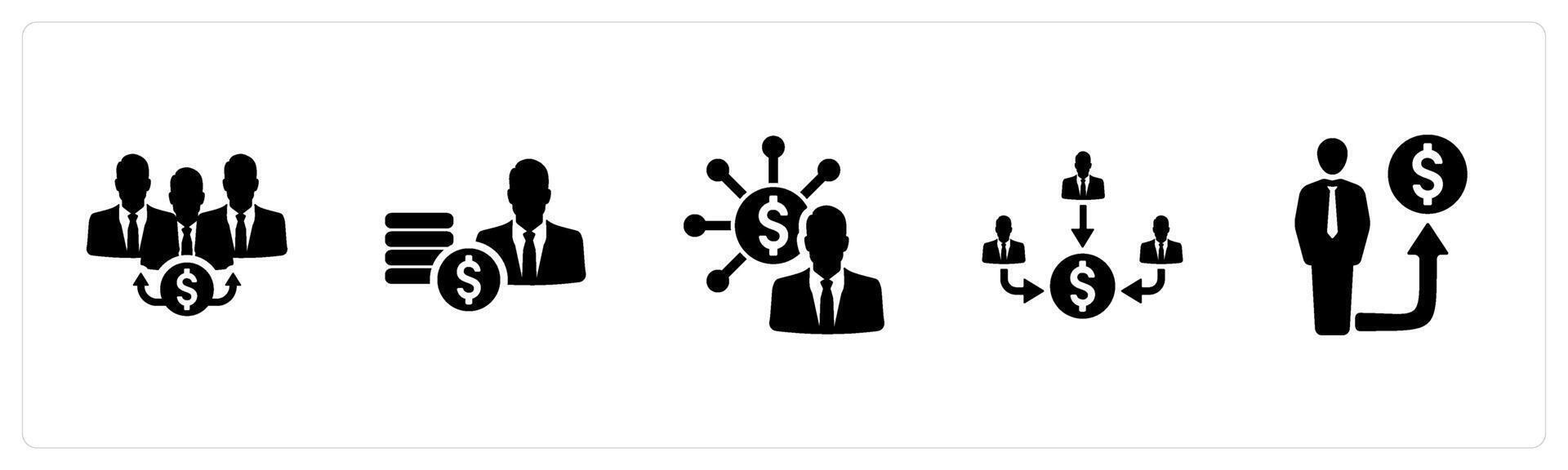 A set of 5 Investment icons as dividend, income, diversification in black filled color vector