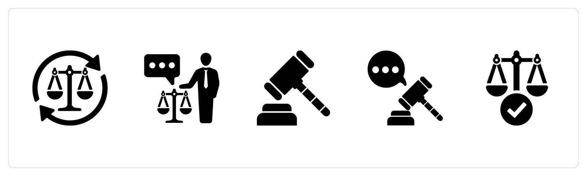 A set of 5 Justice icons as legal process, lawyer, judge hammer in black filled color vector