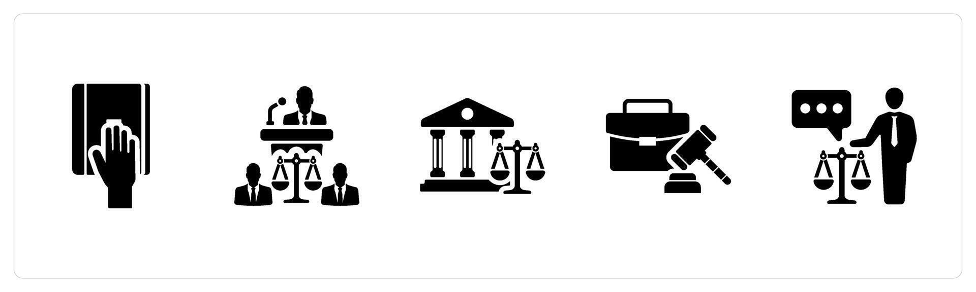 A set of 5 Justice icons as taking oath, judgement, court in black filled color vector