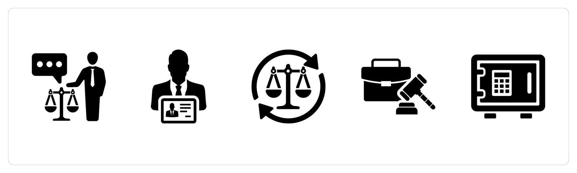 A set of 5 Justice icons as lawyer, warrant, legal process in black filled color vector