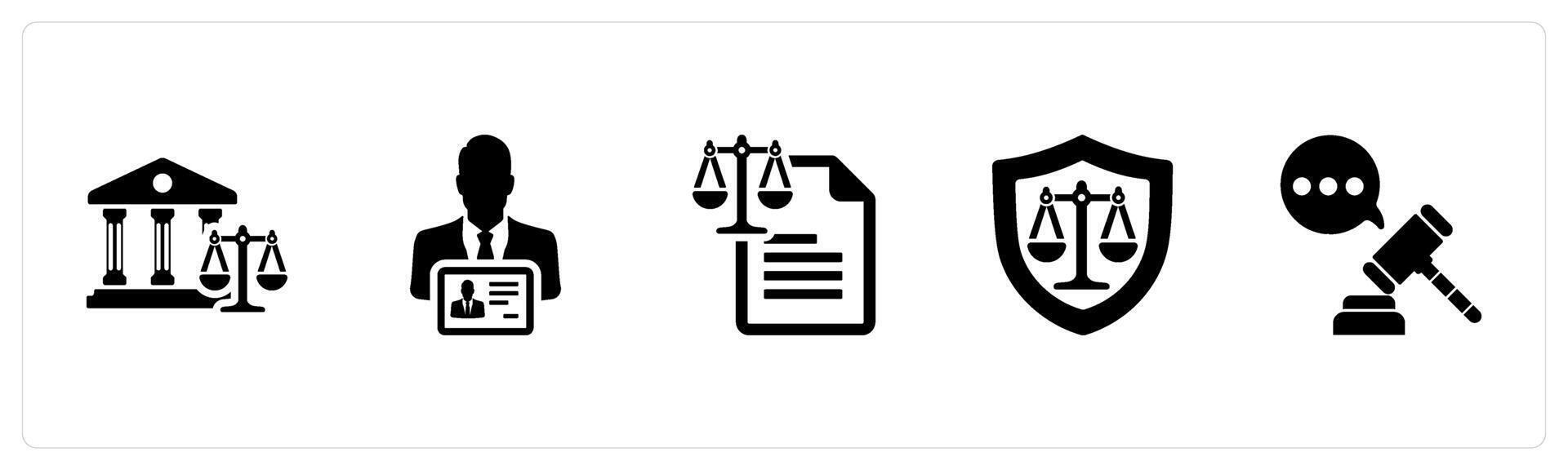 A set of 5 Justice icons as court, warrant, law in black filled color vector