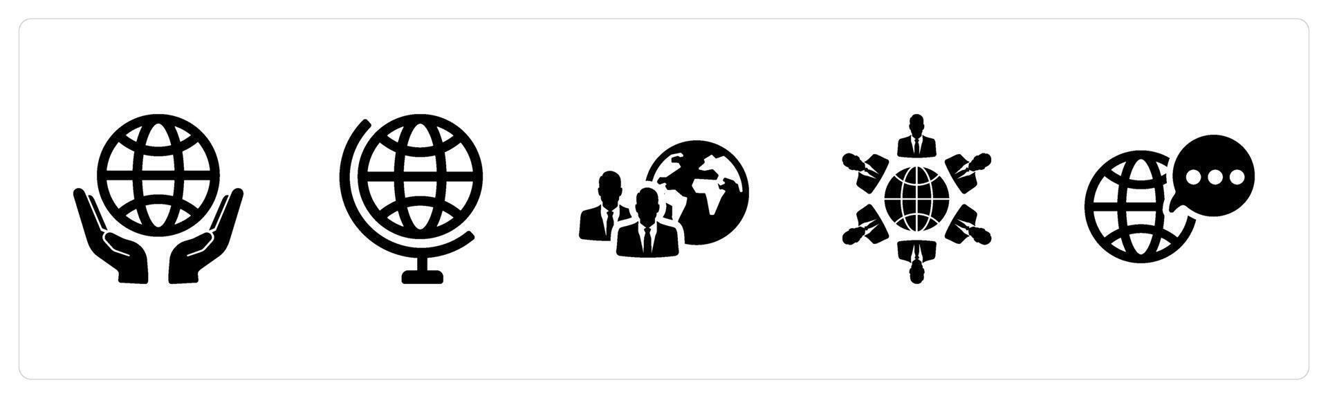 A set of 5 Language icons as international, global, culture in black filled color vector