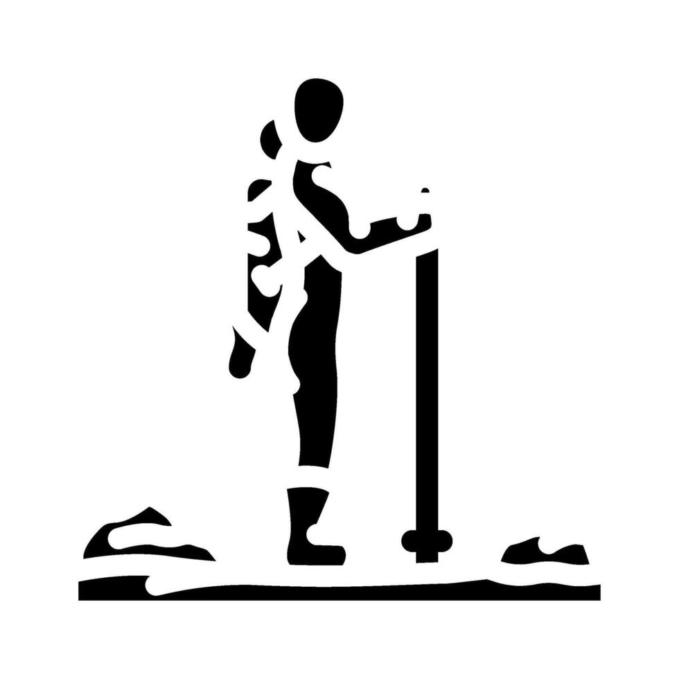 hiking backpack and walking stick glyph icon illustration vector