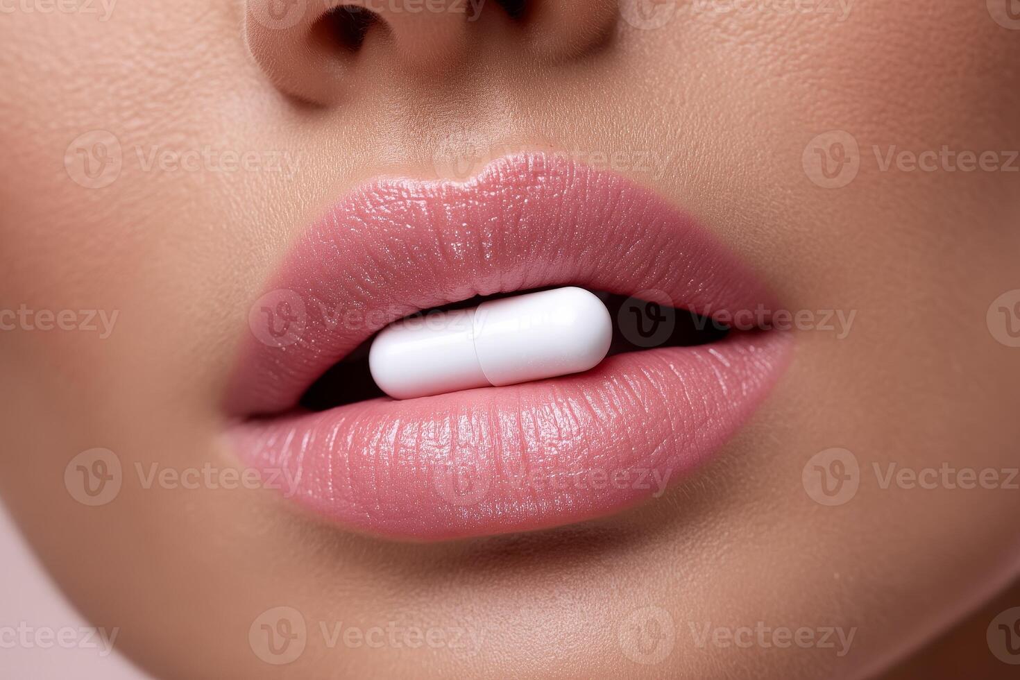 Close-up view of glossy pink lips holding a large white pill, showcasing vibrant beauty and intriguing contrasts in an artistic manner photo
