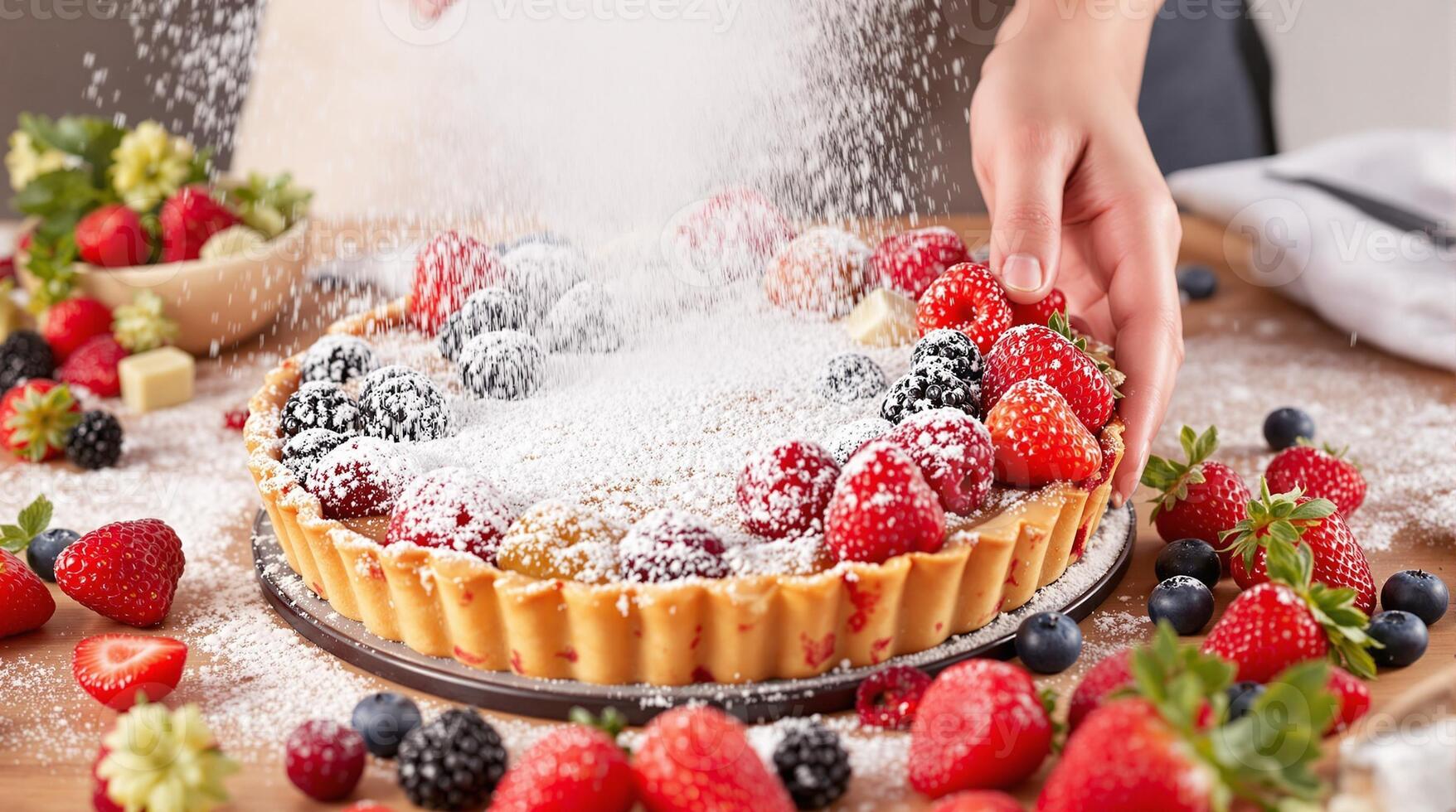Creating a sweet masterpiece with powdered sugar and fresh berries on a tart in a cozy kitchen photo