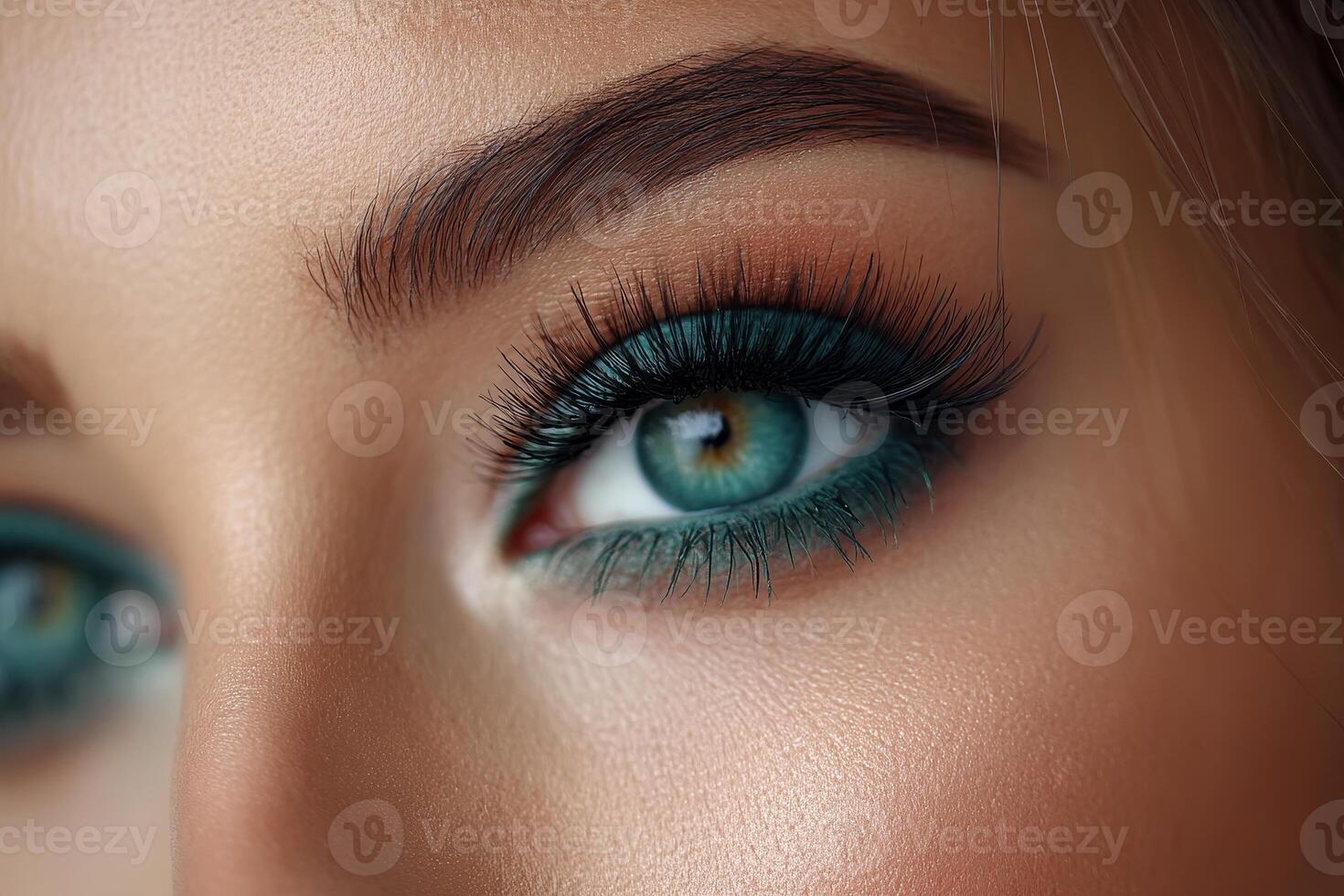 Enhancing natural beauty with luxurious teal volume extensions and dramatic eye makeup for a stunning aesthetic photo