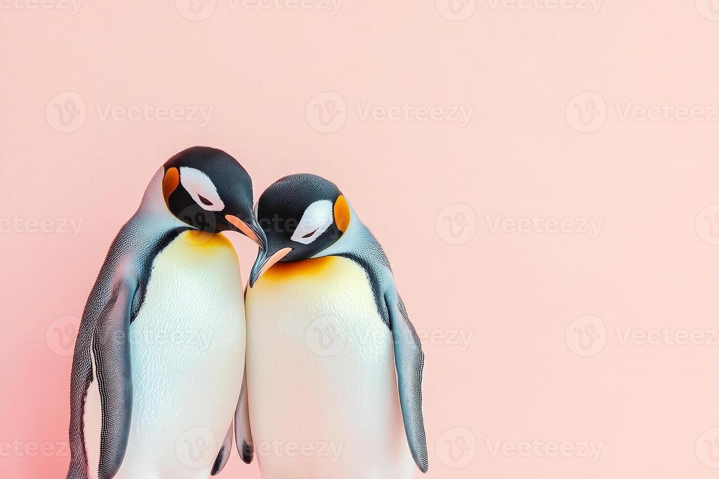 Cute penguins express affection against a soft pastel pink background in a romantic and serene moment of love photo