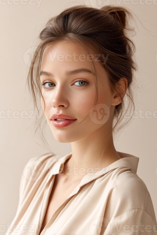 Captivating elegance of a Nordic beauty in a minimalistic beige dress against a serene cream backdrop photo