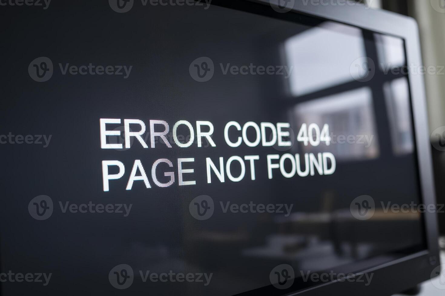 Digital display shows error code 404 indicating page not found on a computer screen in a modern office space photo