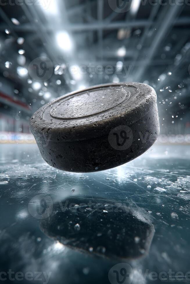 Hockey puck soaring through a frozen arena, capturing vintage vibes with dramatic motion effects and icy reflections photo