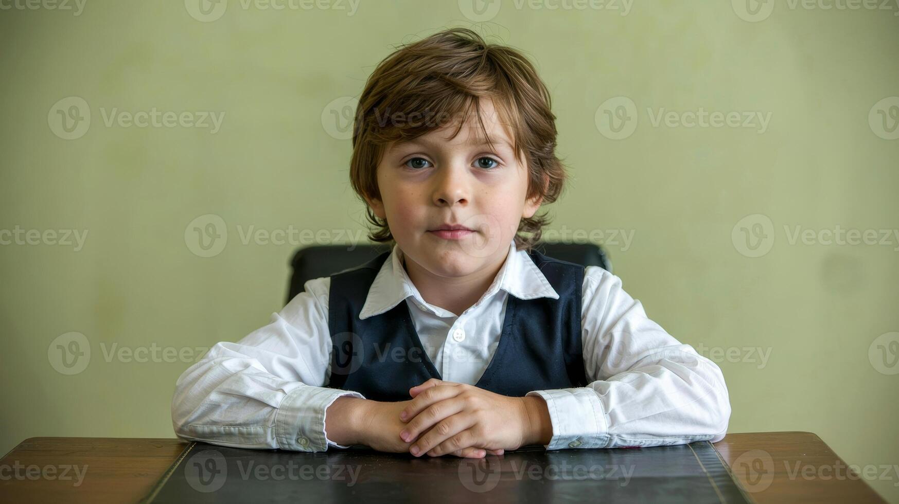Curious child sits at a wooden table in a warm room, ready for exploration and conversation during a quiet afternoon photo
