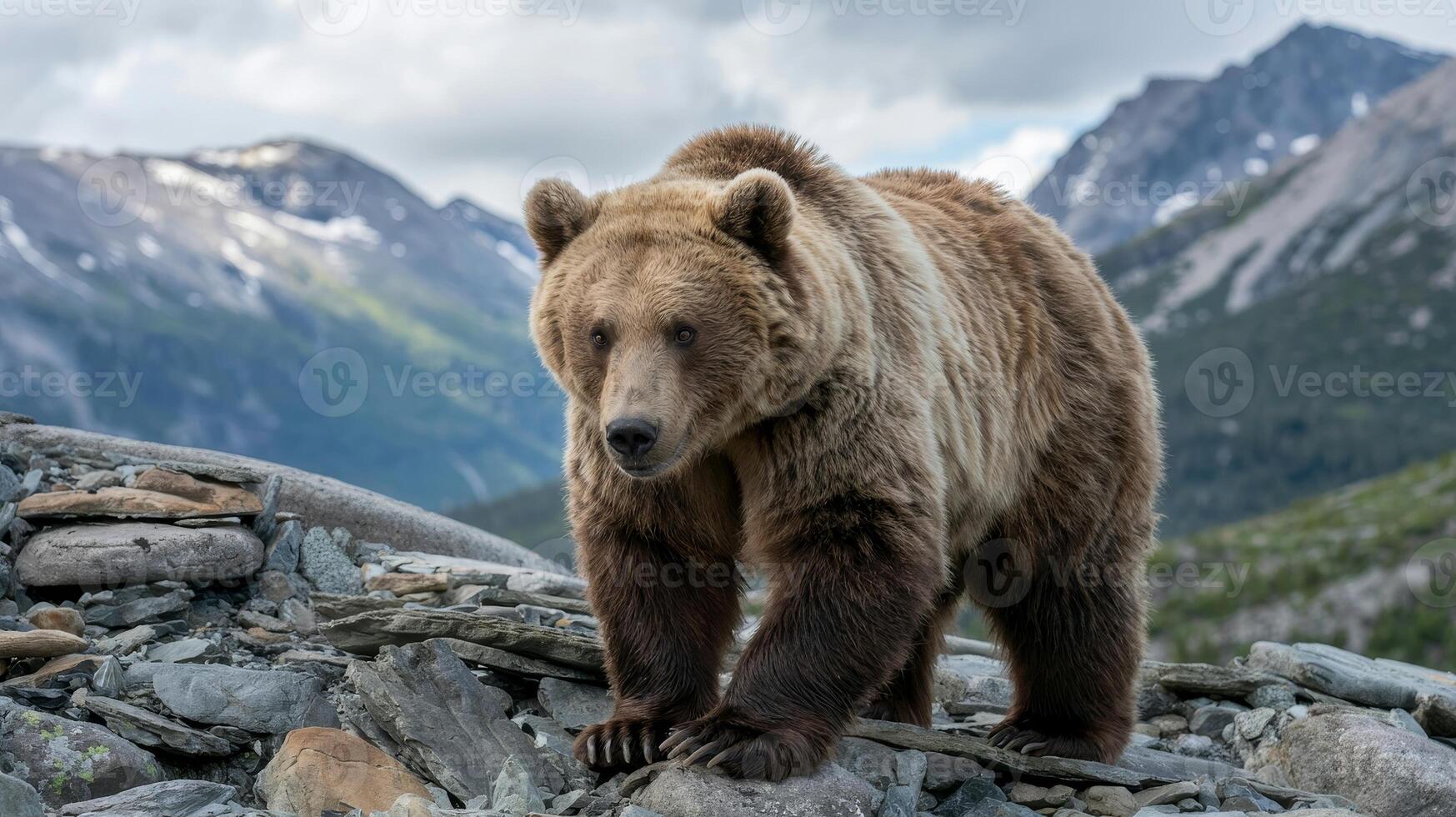 Magnificent bear roaming the rocky wilderness under a dramatic sky in the mountains photo
