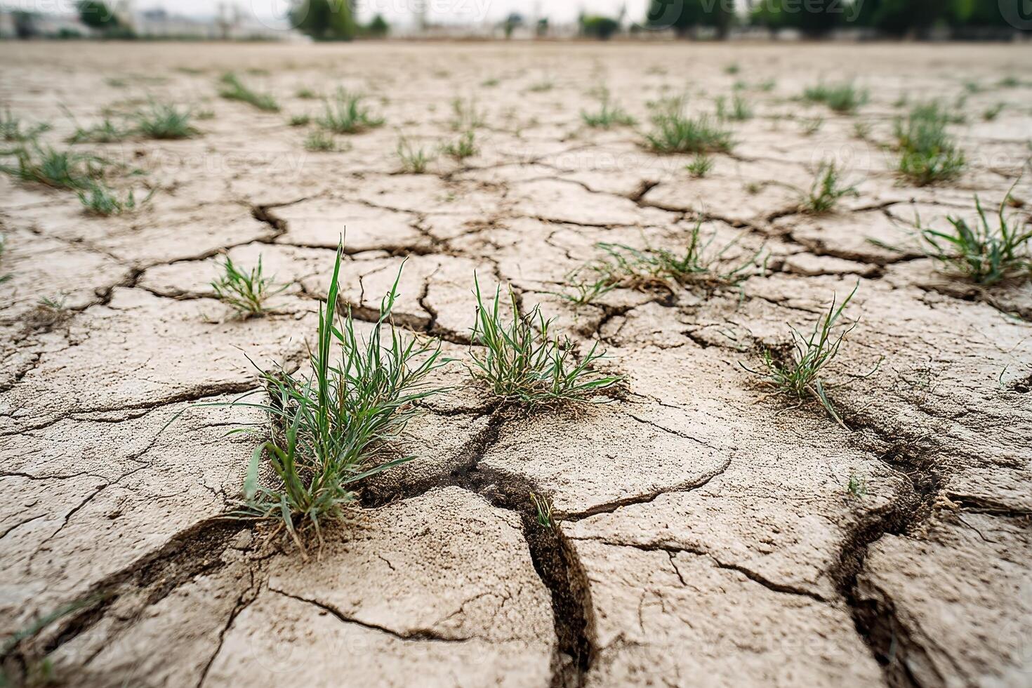 Cracked earth with resilient green grass defying desolation of drought photo