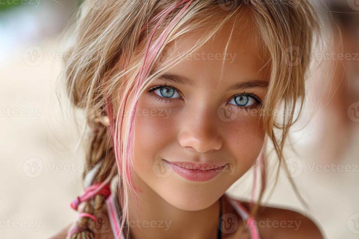 Cute twelve year old girl with blonde hair and pink strand enjoys sunny day at the beach with a joyful smile photo