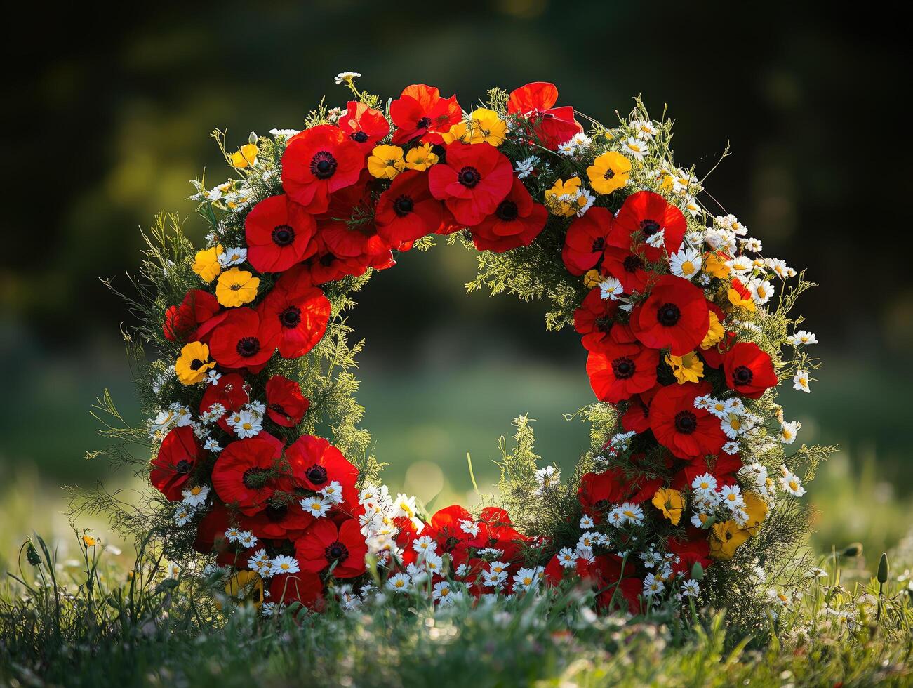 Red and yellow flower arrangement in the shape of a circle photo