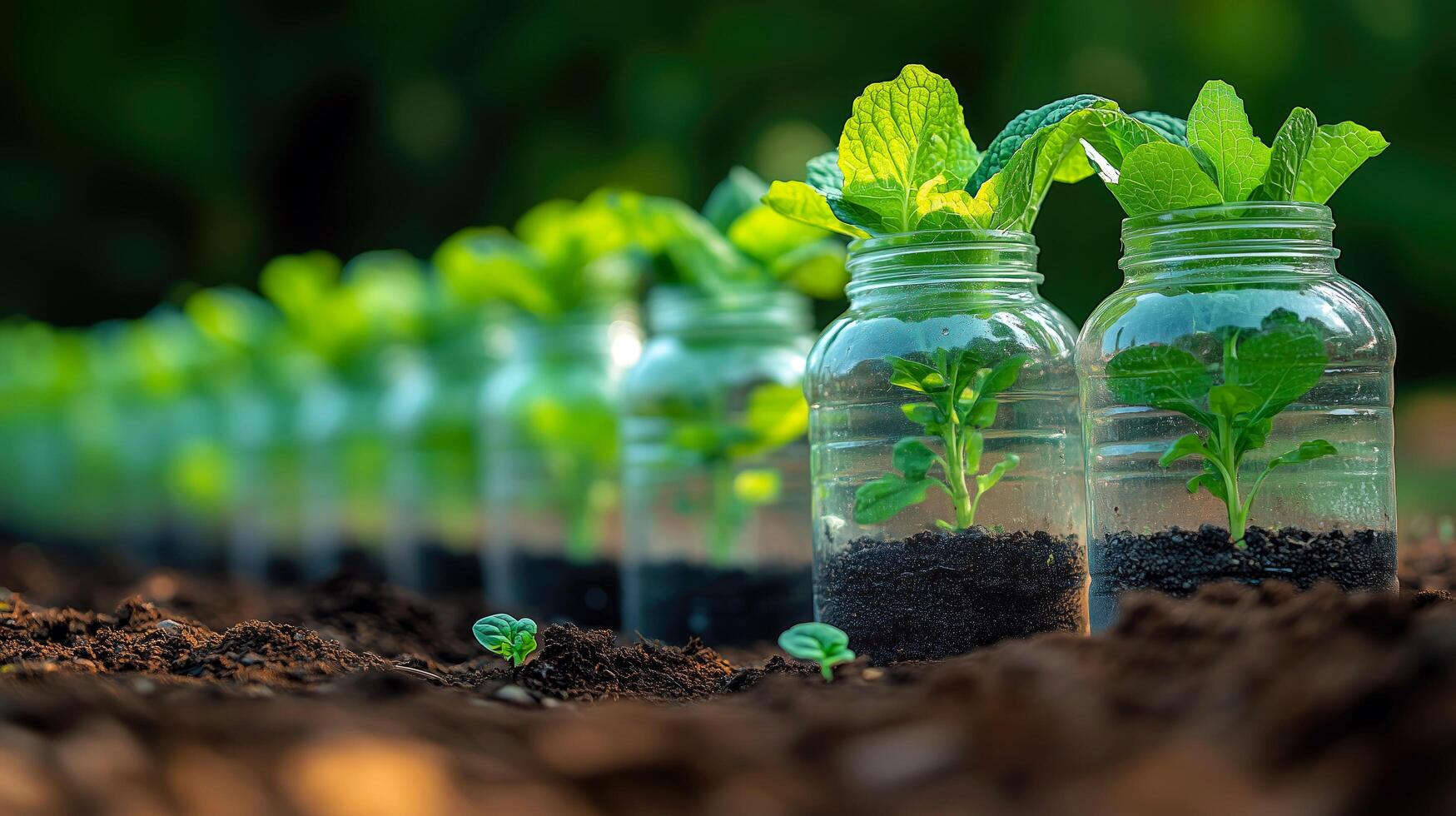 Row of small plants are in jars with soil and water photo