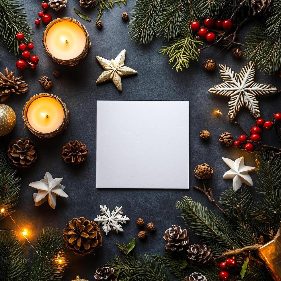 White blank paper sits on a table with a variety of Christmas decorations photo