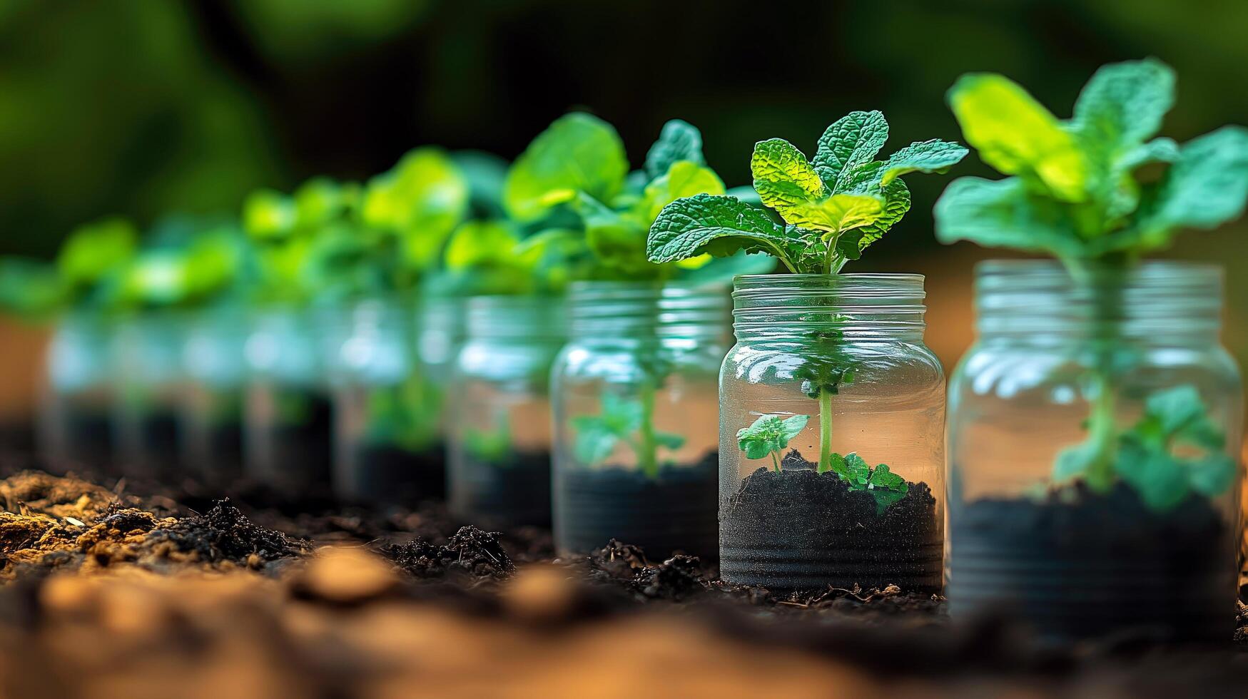 Row of small plants in bottle on the ground photo