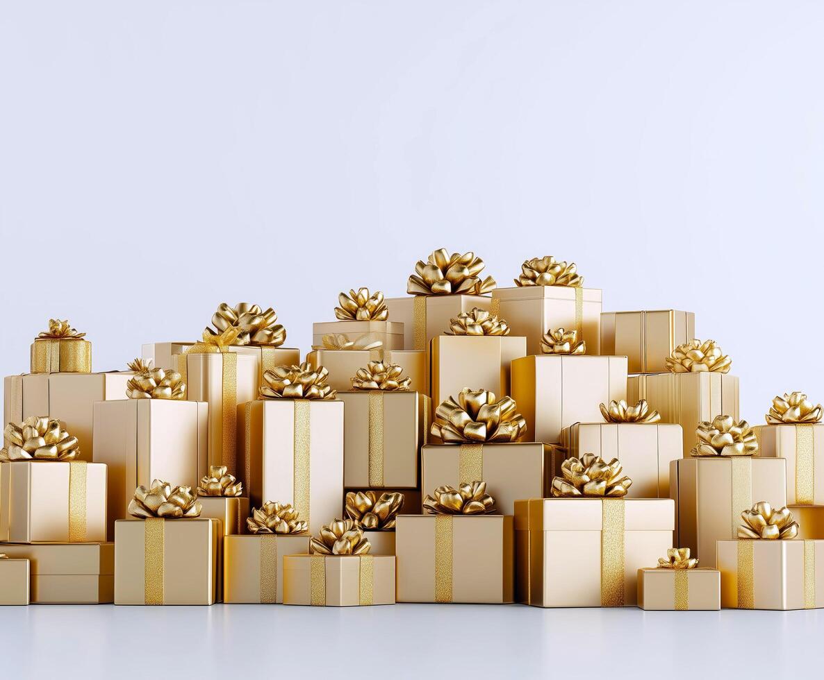 Stack of gold boxes with bows on top of each other photo
