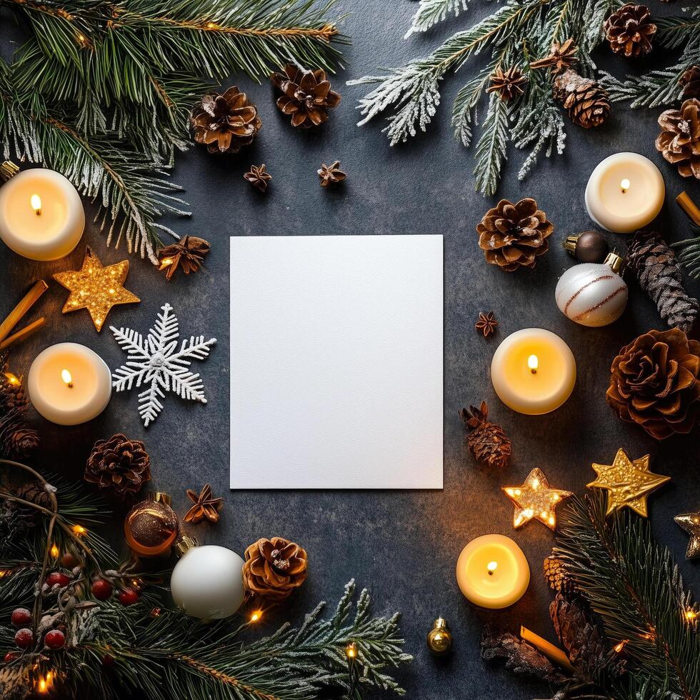 White blank piece of paper with a Christmas decorations photo