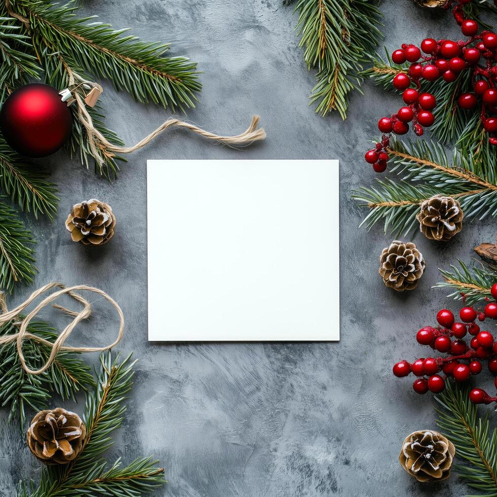 White blank piece of paper surrounded with a variety of Christmas decorations photo