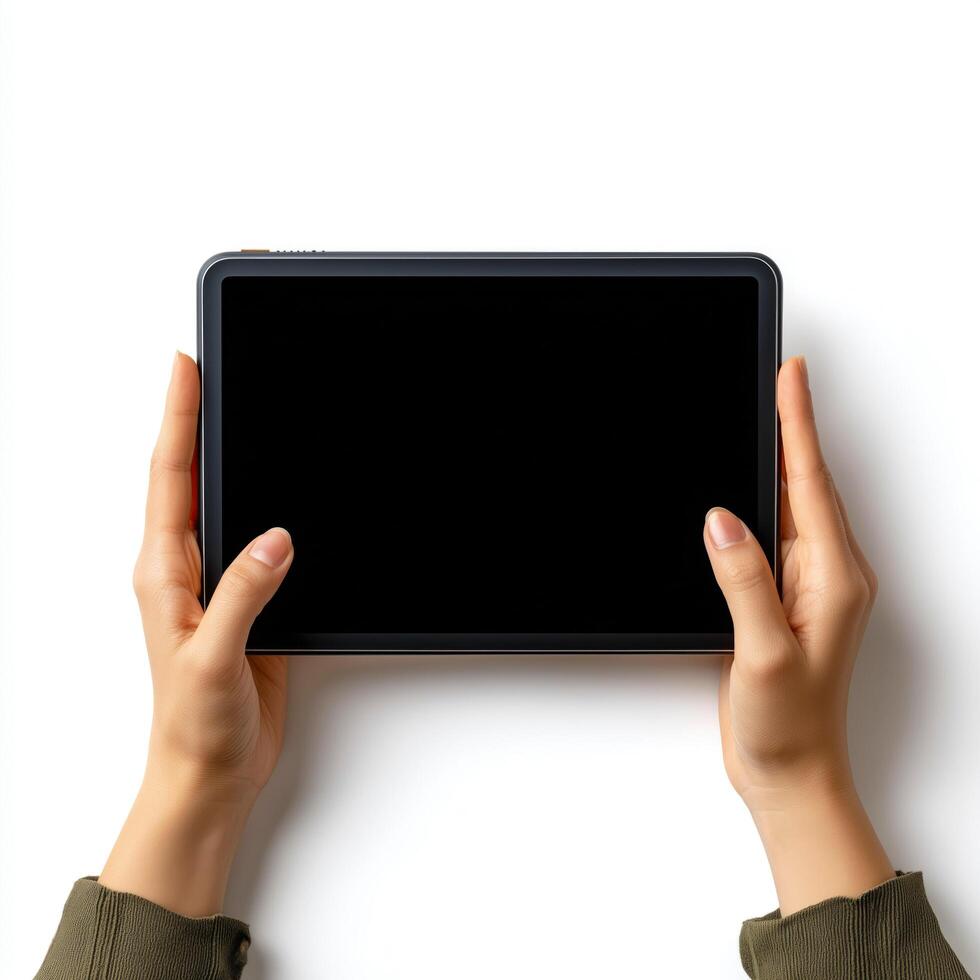 hands holding blank screen tablet photo