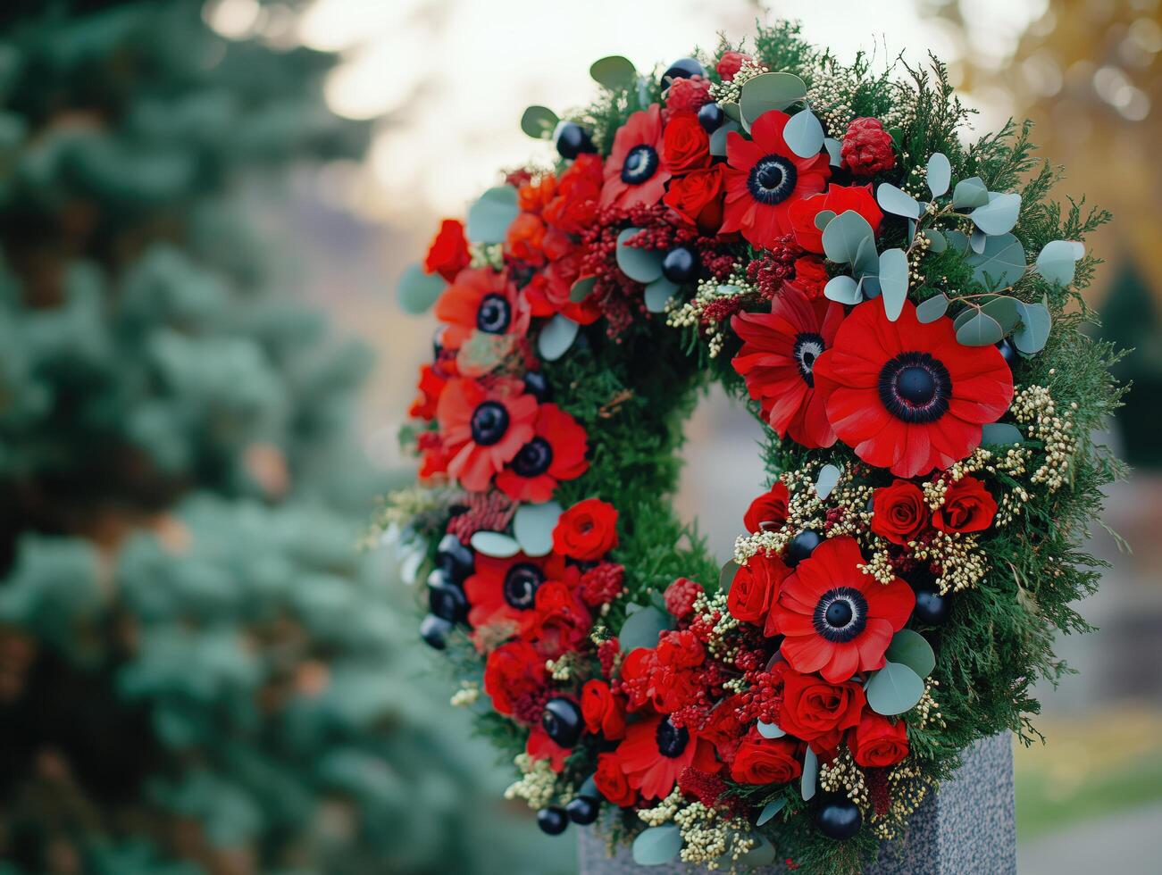 Red wreath with green leaves and red flowers photo