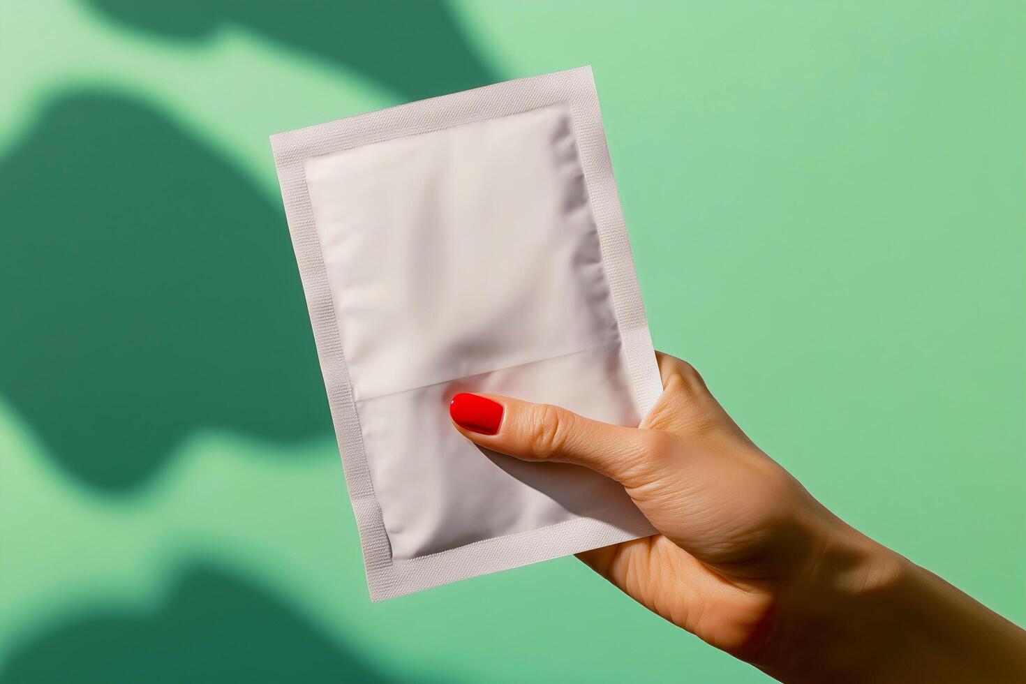 hand holding a blank white sheet packaging, No text or symbols are visible on the product. photo