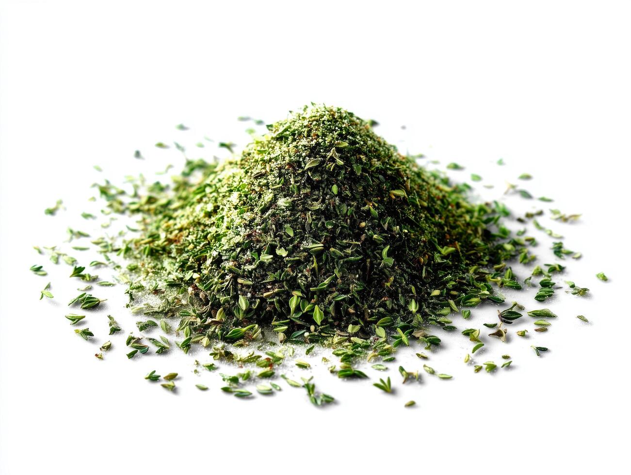 Crushed dried herb look like thyme on isolate white background photo