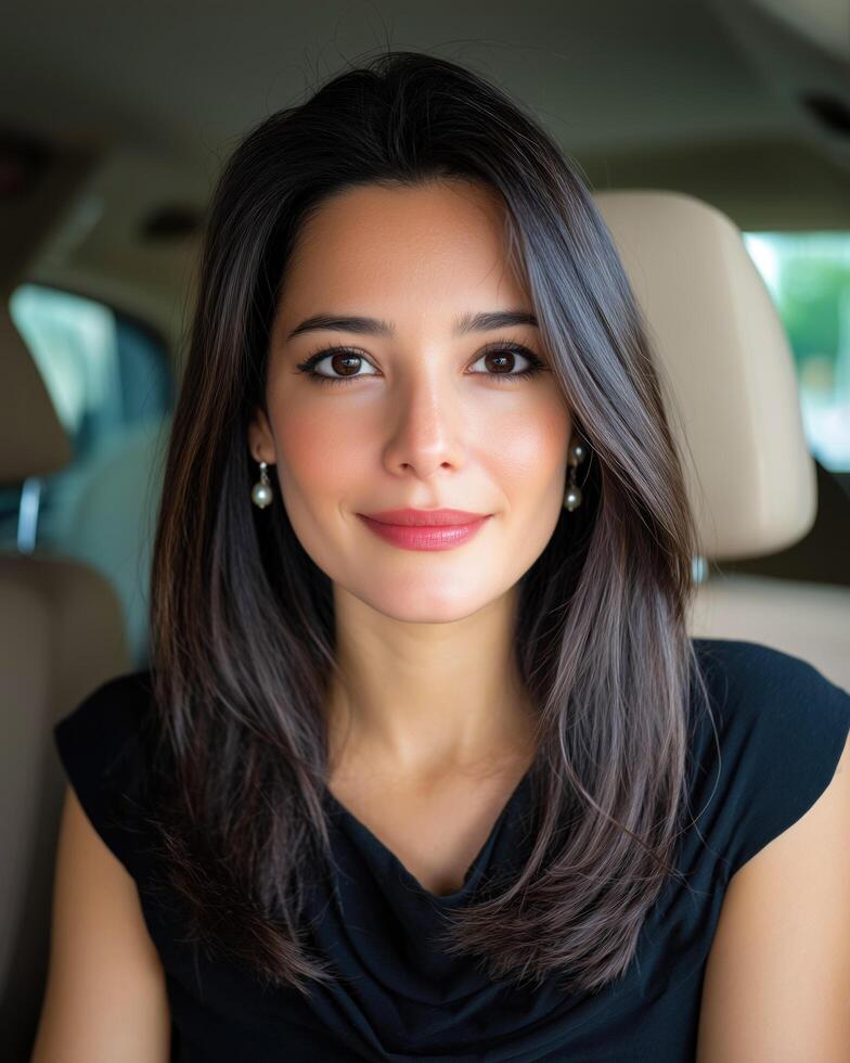 45 years old woman with European and Persian features, sitting gracefully in the passenger seat of a car photo