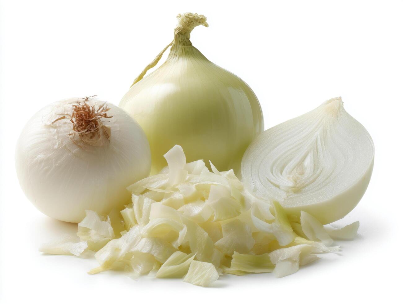 Fresh whole and chopped raw onions isolated on white background. photo