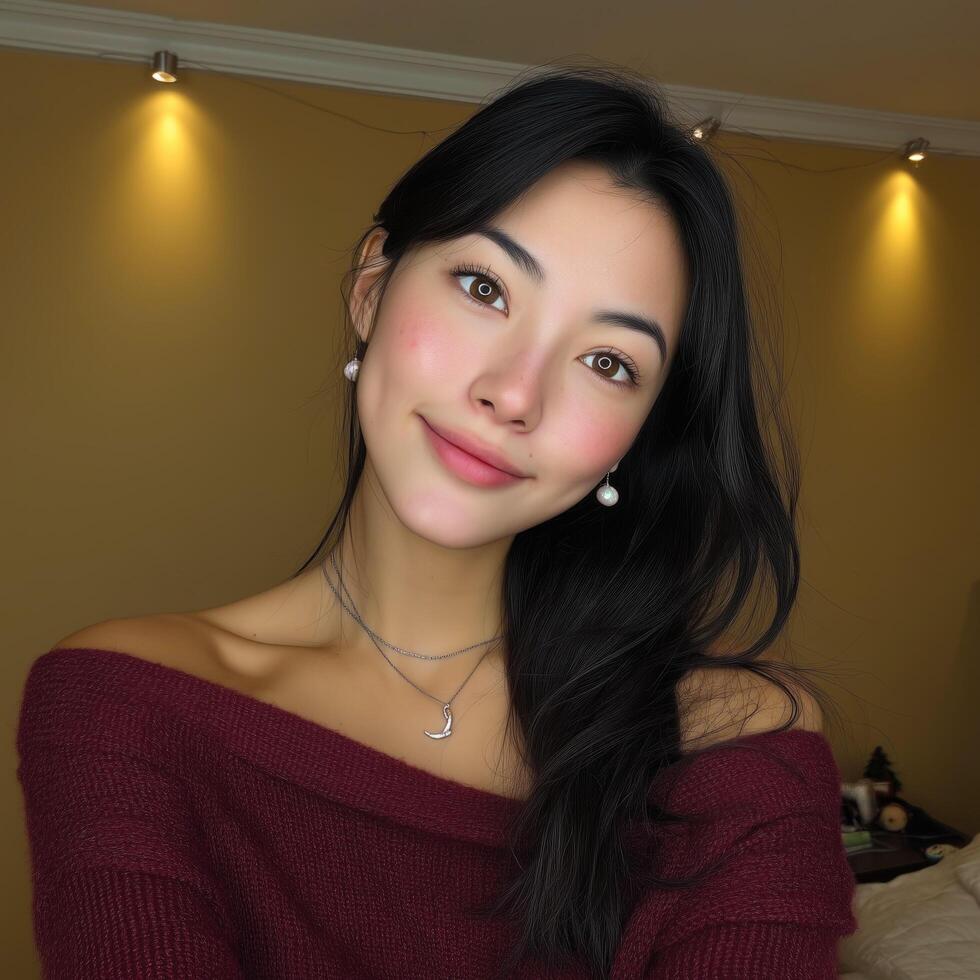 Smiling woman in cozy indoor setting, wearing a maroon sweater with elegant lighting. photo