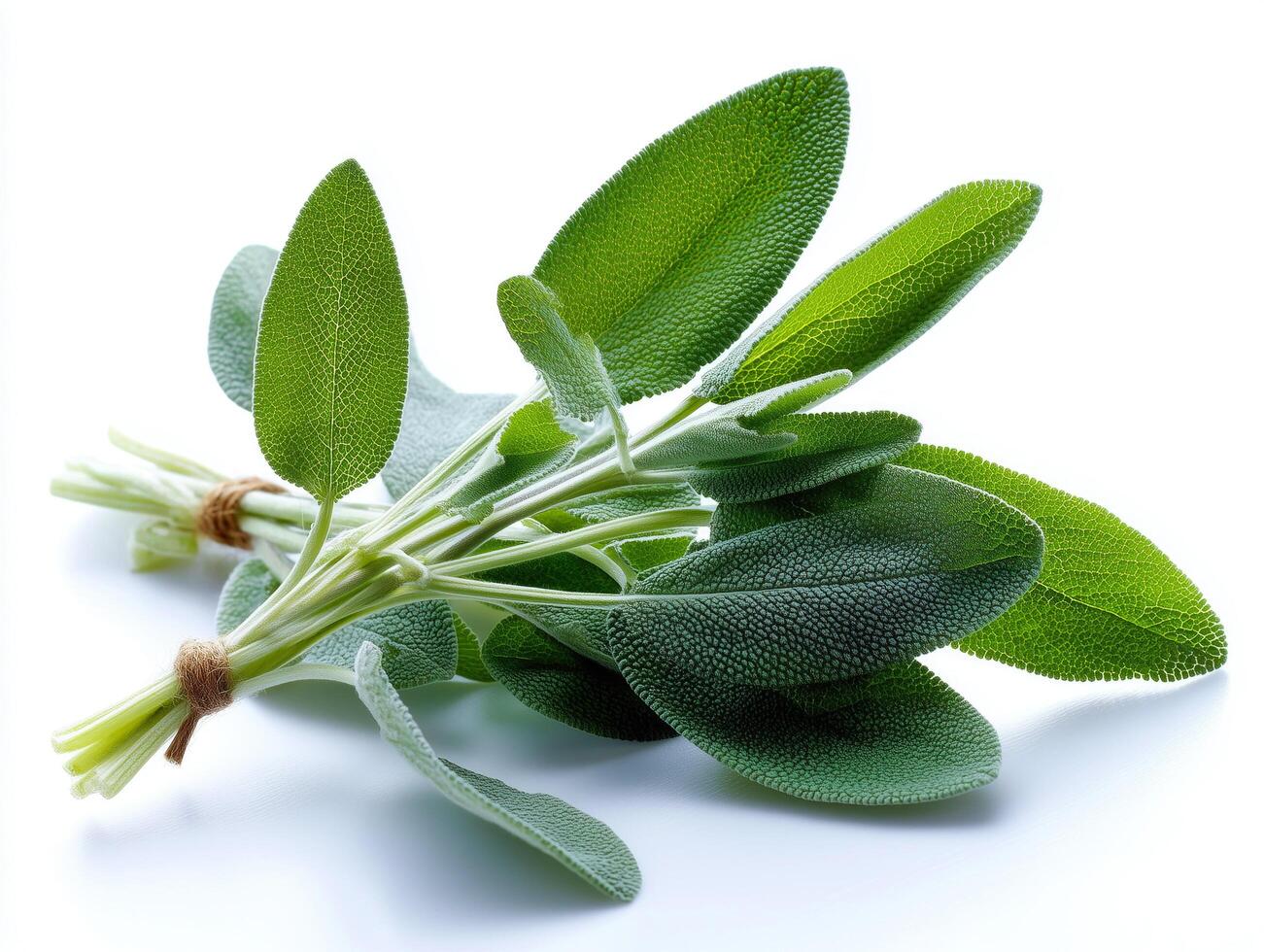 Fresh sage leaves with vibrant green color on white background. photo