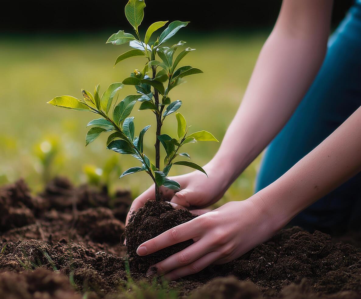 Hands carefully plant a young tree in the soil, symbolizing growth and sustainability. photo