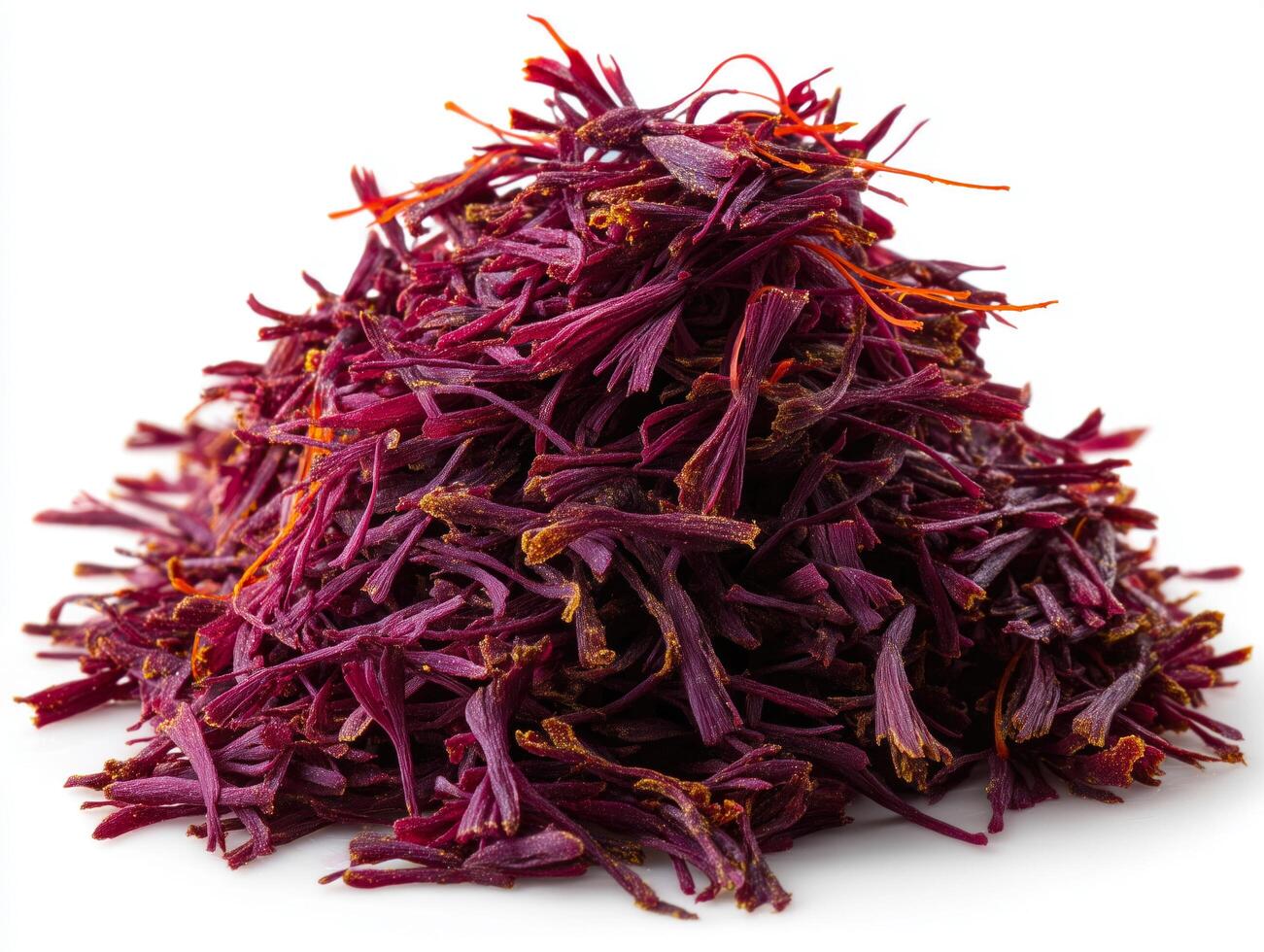 Pile of vibrant saffron strands isolated on white background, rich in color and aroma. photo