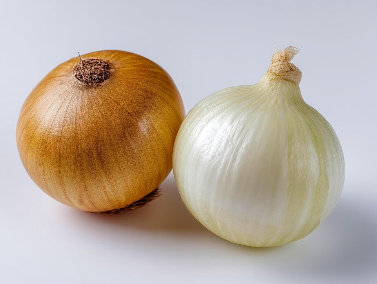 Two fresh onions, one brown and one white, on a plain background. photo
