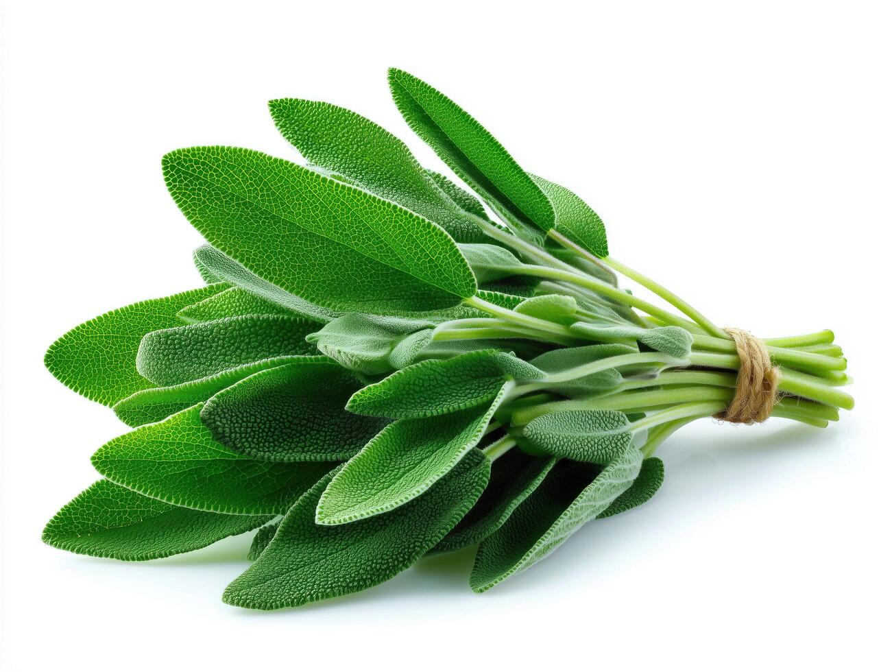 A fresh bundle of green sage leaves tied together on a white background. photo