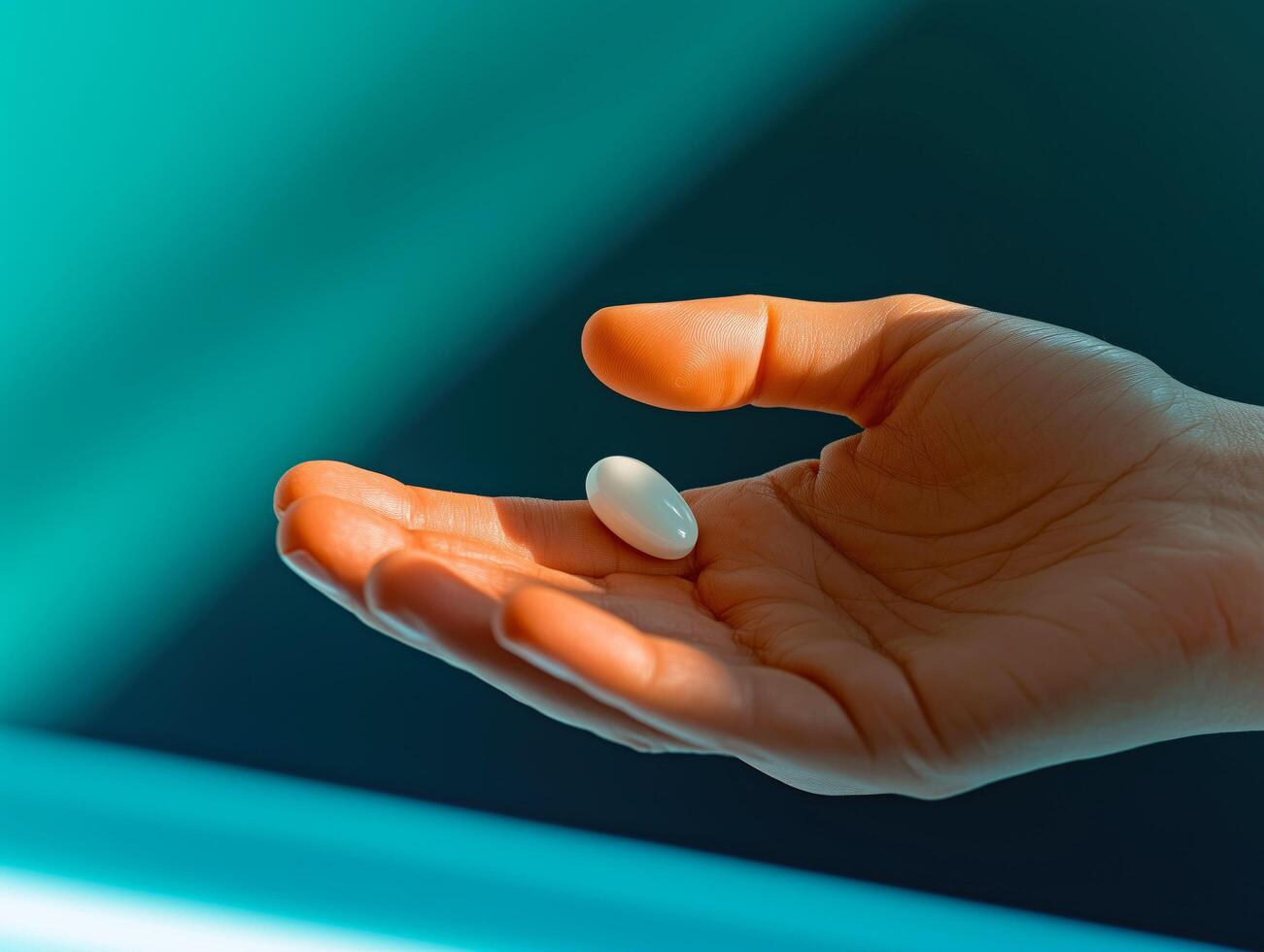 Closeup of hand holding a single white pill. photo