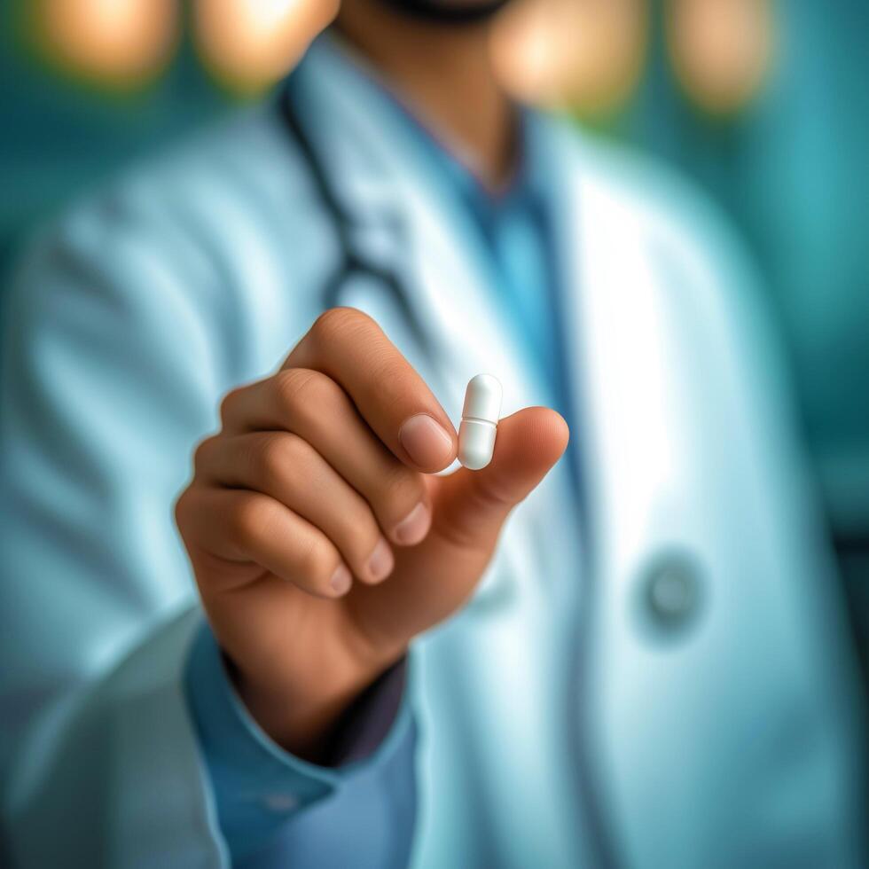 Doctor holding white capsule in hand. photo