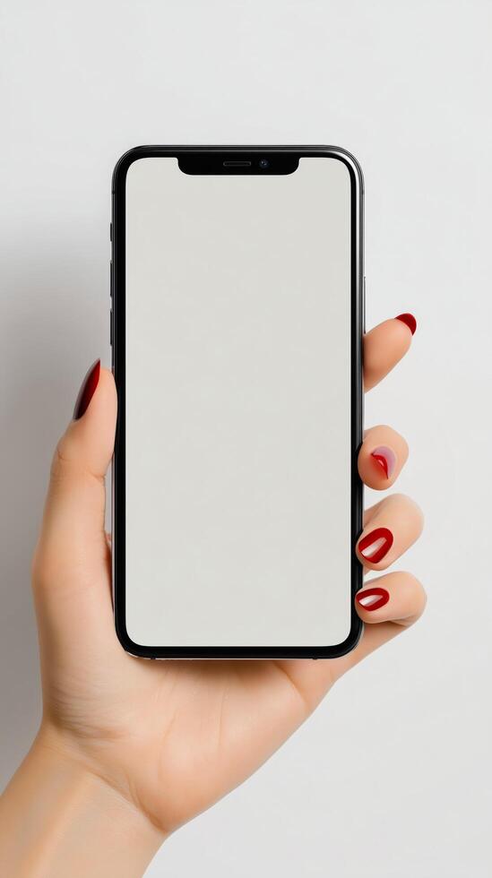 Hand with smartphone showing blank screen. photo