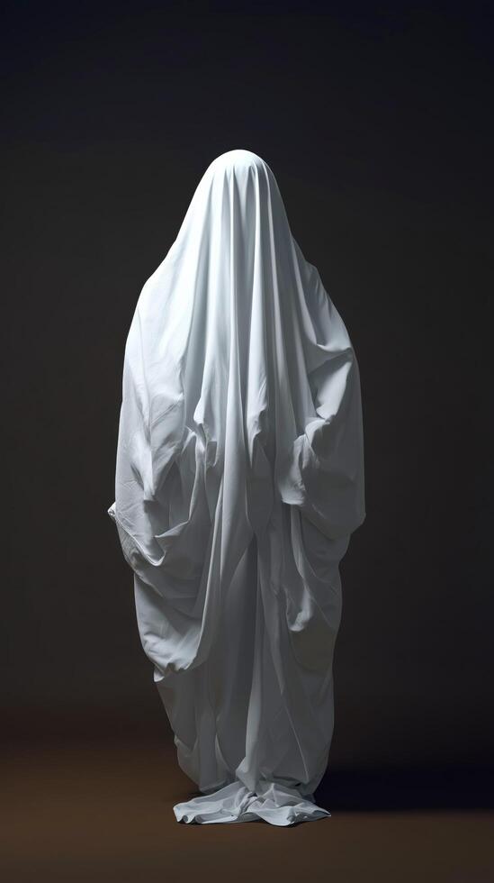 Person covered with white sheet like a ghost. photo